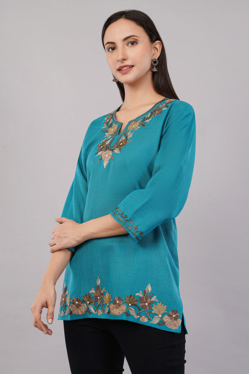 Teal Grove Kashmiri Kurti with Earth-Tone Aari Embroidery