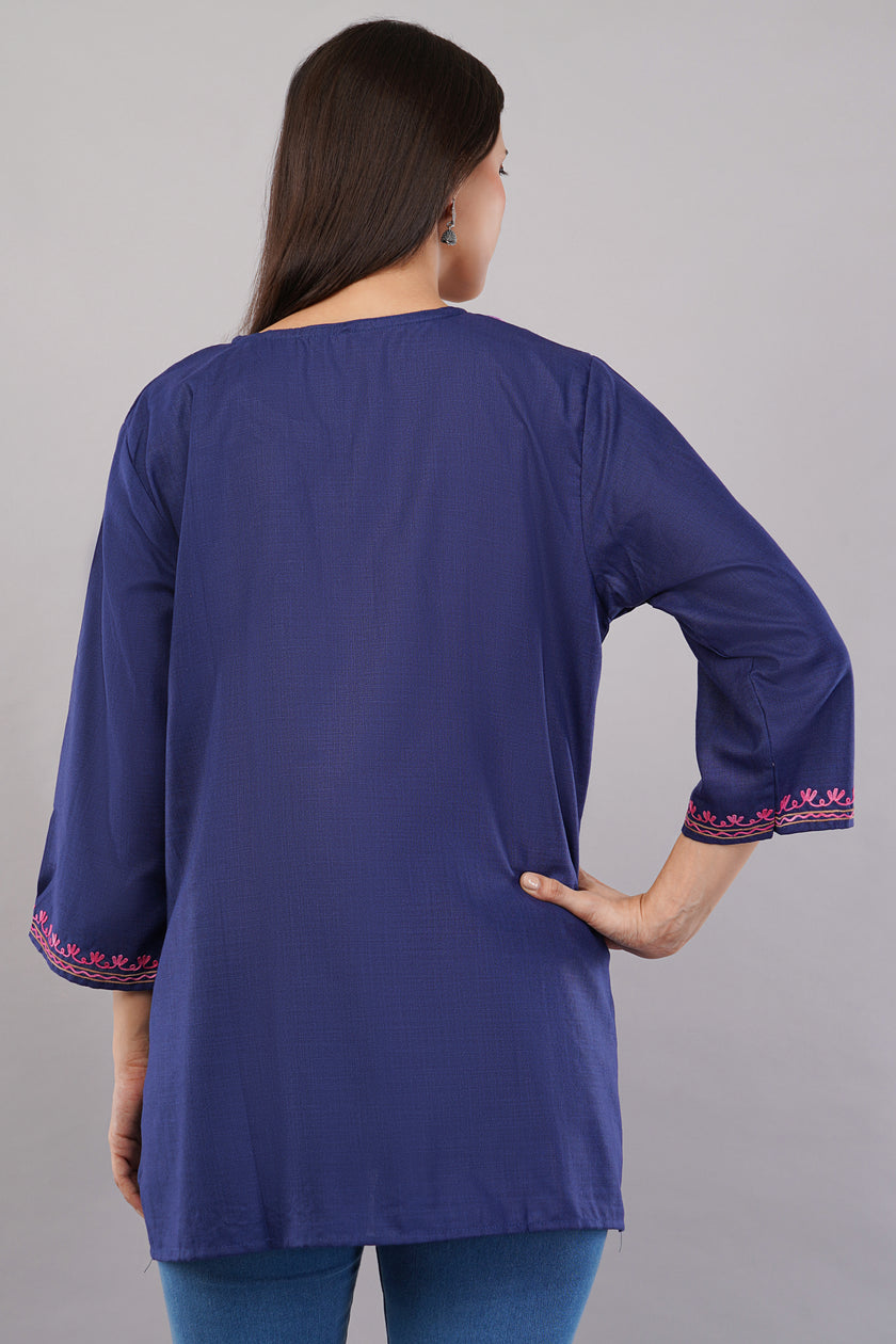 Midnight Bloom Kashmiri Kurti with Multicolour Aari Embroidery