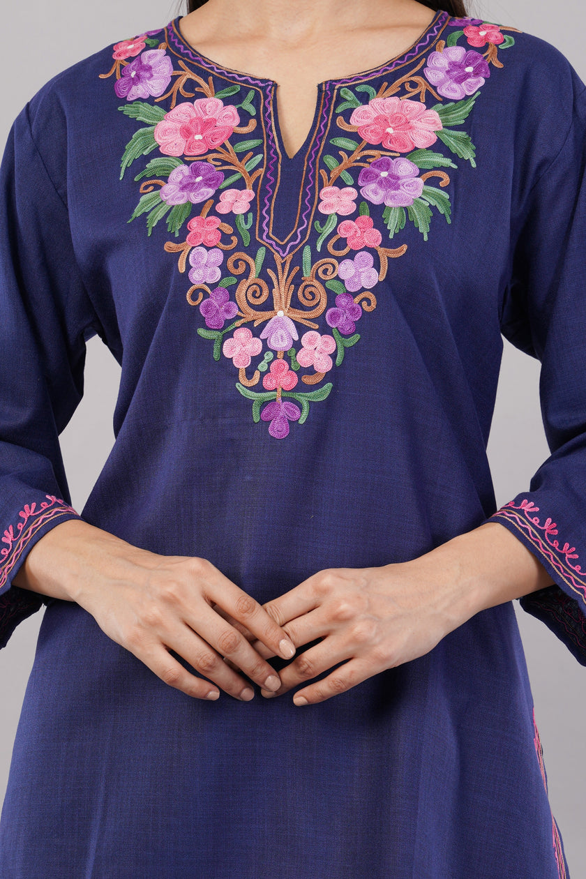 Midnight Bloom Kashmiri Kurti with Multicolour Aari Embroidery