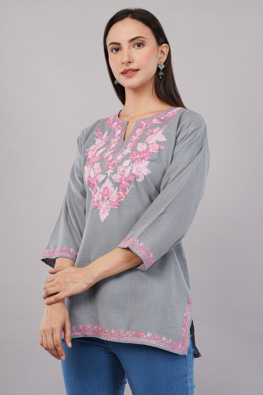 Blush Aari on Steel Grey Kashmiri Kurti