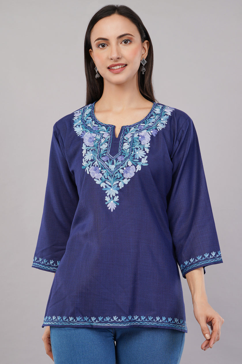 Sapphire Charm Kashmiri Kurti with Sky Blue Aari
