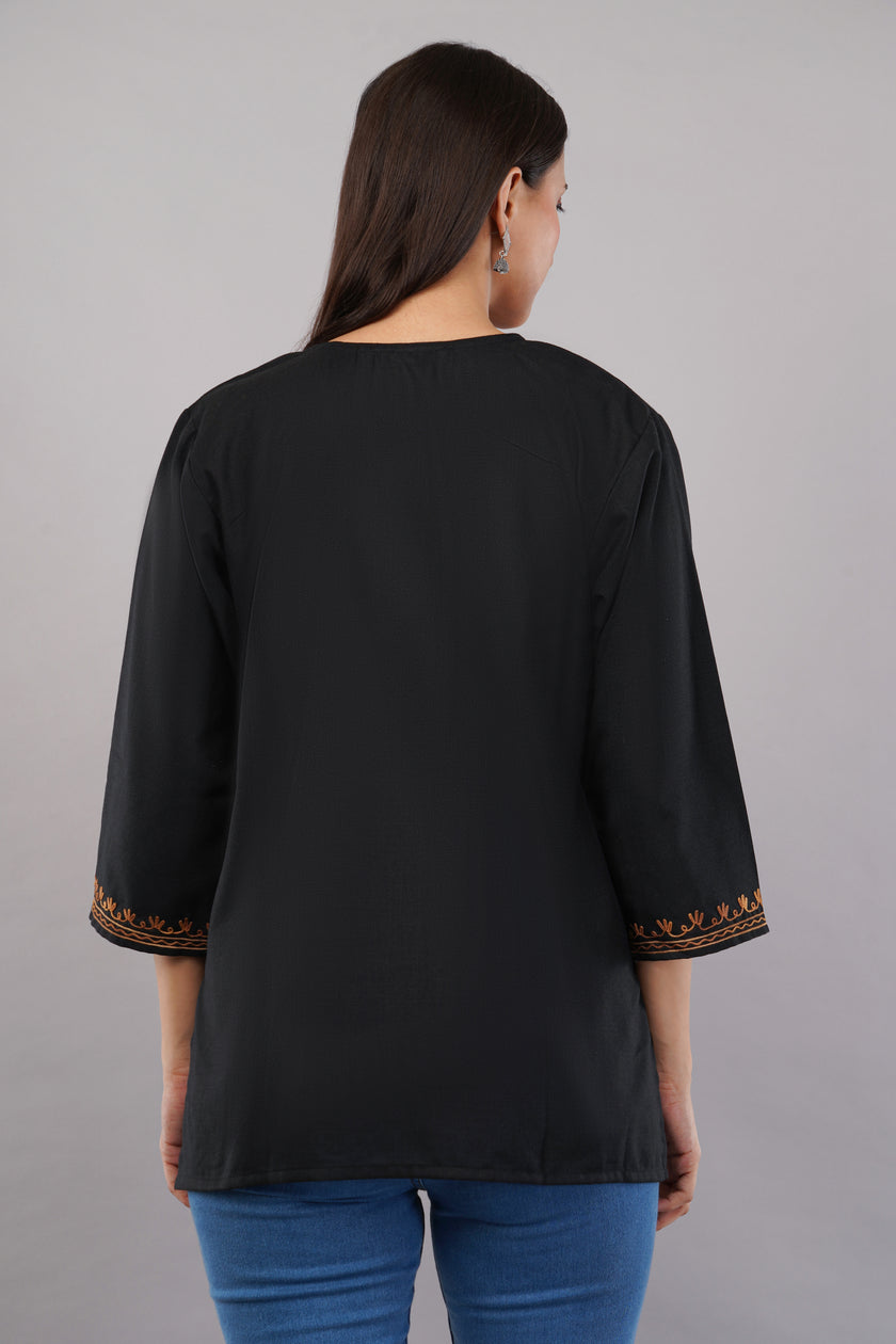 Charcoal Glint Kashmiri Kurti with Burnished Aari