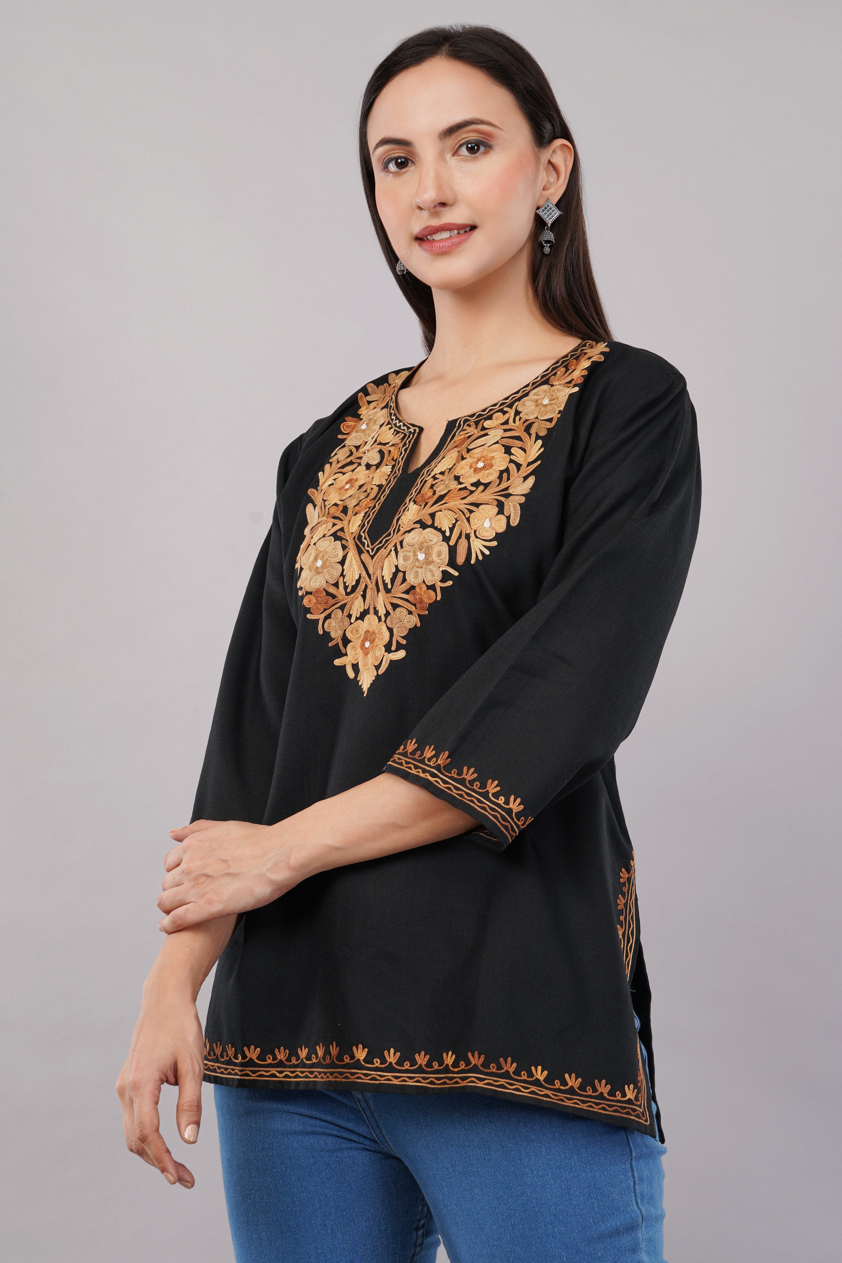 Charcoal Glint Kashmiri Kurti with Burnished Aari