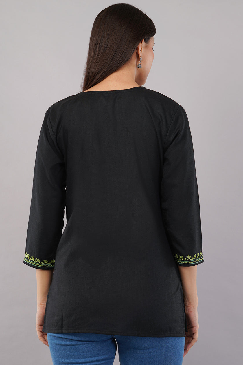 Emerald Vine Black Kashmiri Kurti with Green Aari