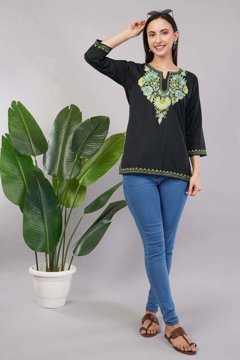 Emerald Vine Black Kashmiri Kurti with Green Aari