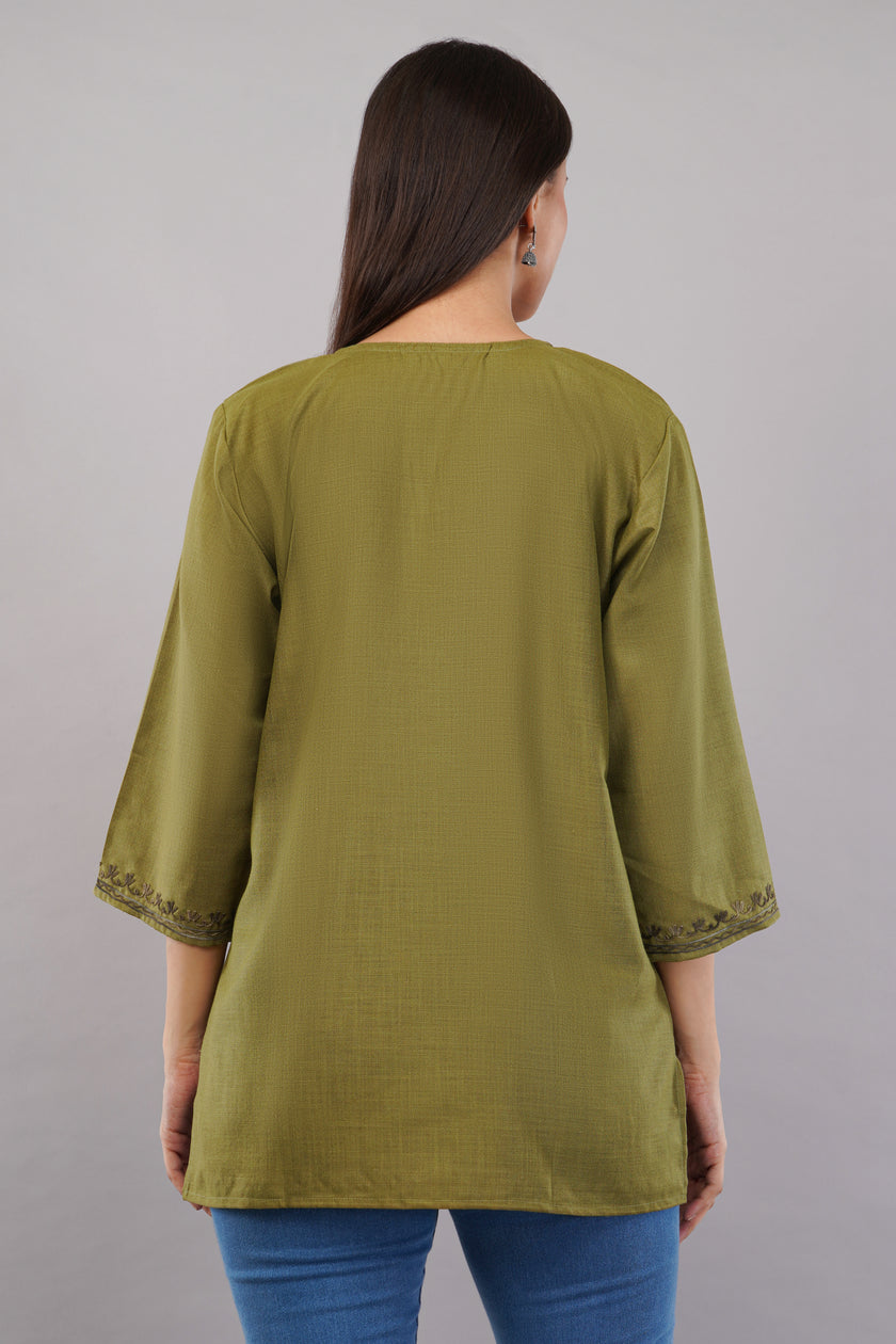Olive Tranquil Kashmiri Kurti with Earth-Toned Aari Embroidery