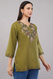 Olive Tranquil Kashmiri Kurti with Earth-Toned Aari Embroidery