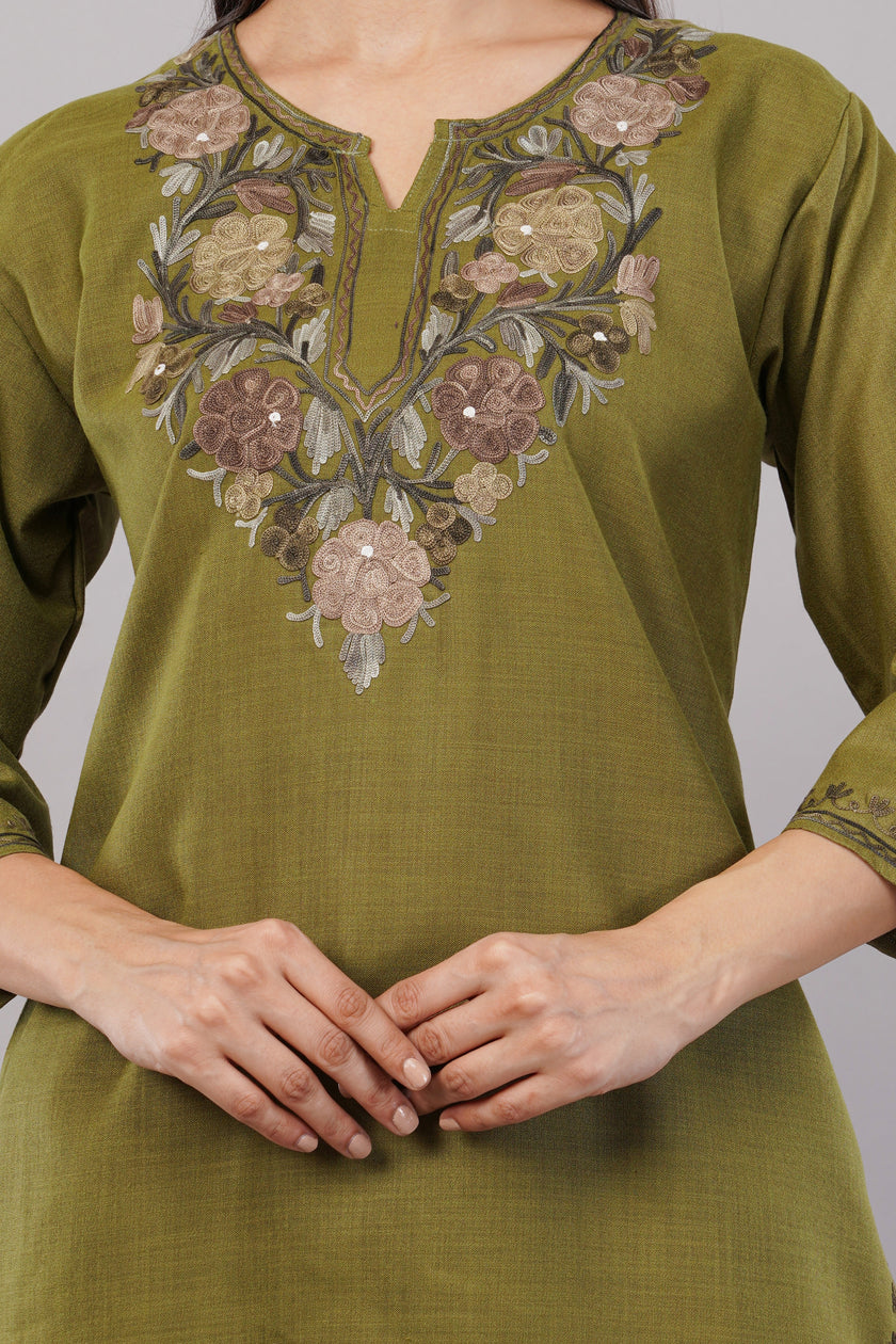 Olive Tranquil Kashmiri Kurti with Earth-Toned Aari Embroidery