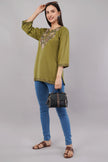 Olive Tranquil Kashmiri Kurti with Earth-Toned Aari Embroidery