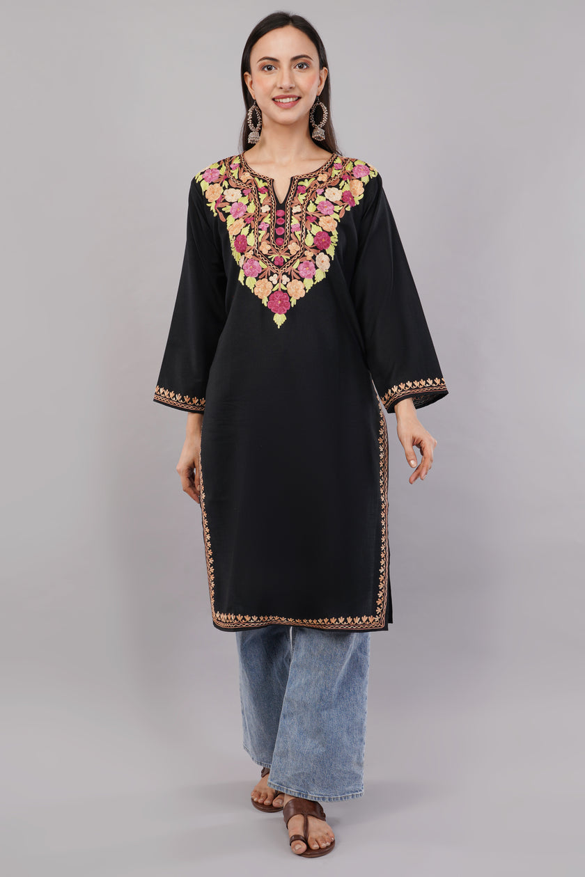 Midnight Bloom Black Kashmiri Aari Embroidered Kurta