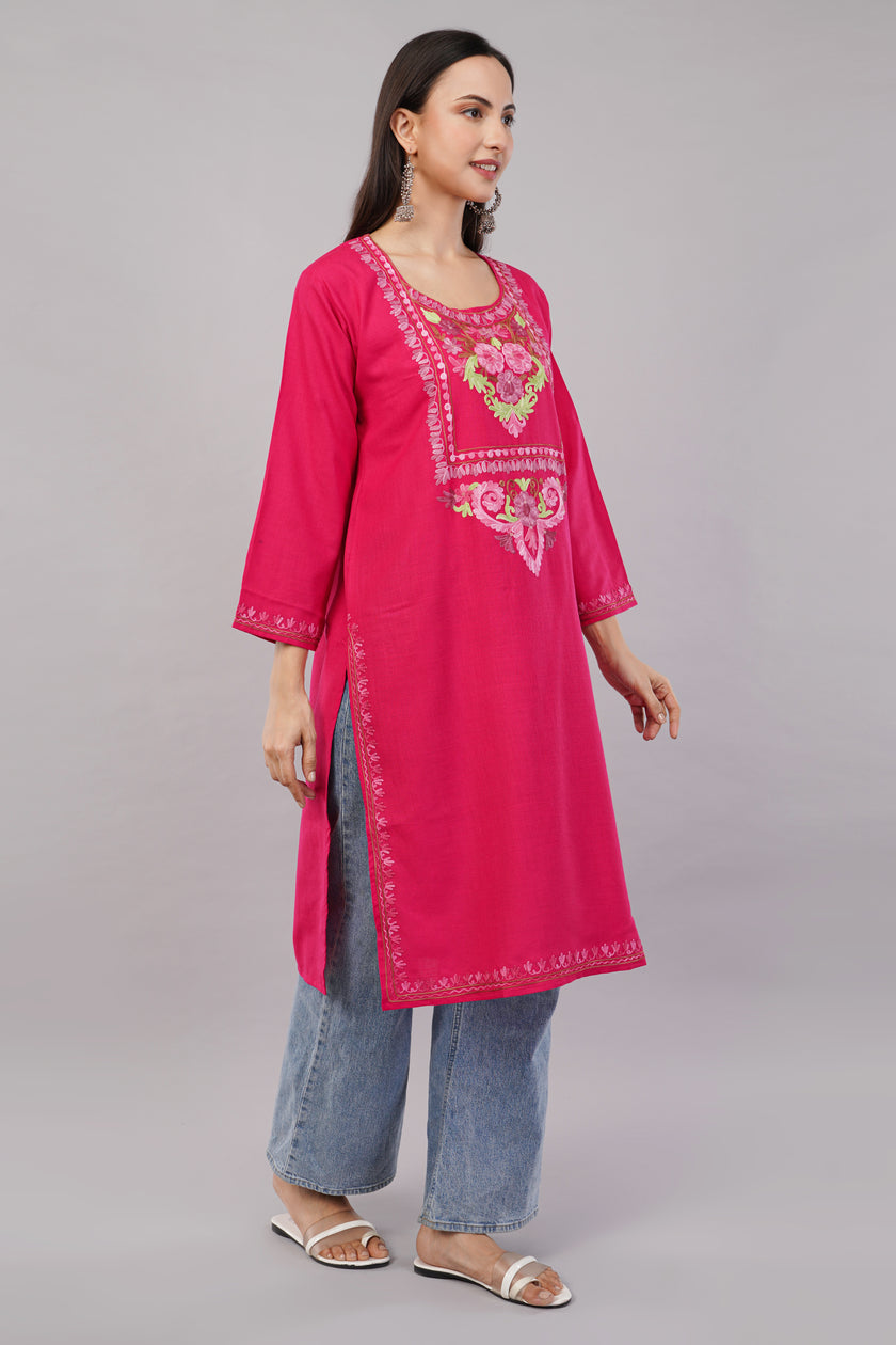Debian Red Kashmiri Aari Embroidered Cotton Kurta