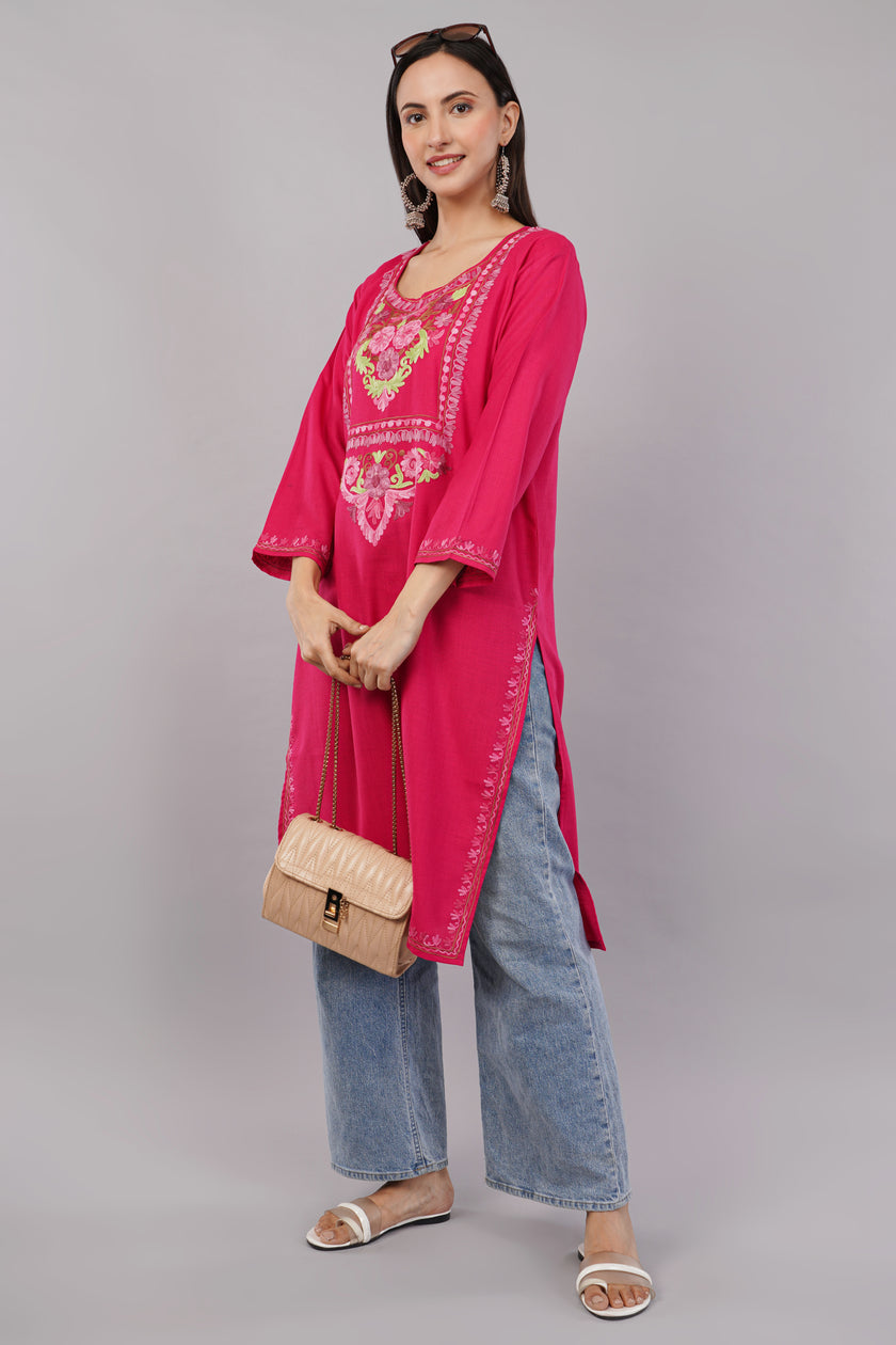 Debian Red Kashmiri Aari Embroidered Cotton Kurta