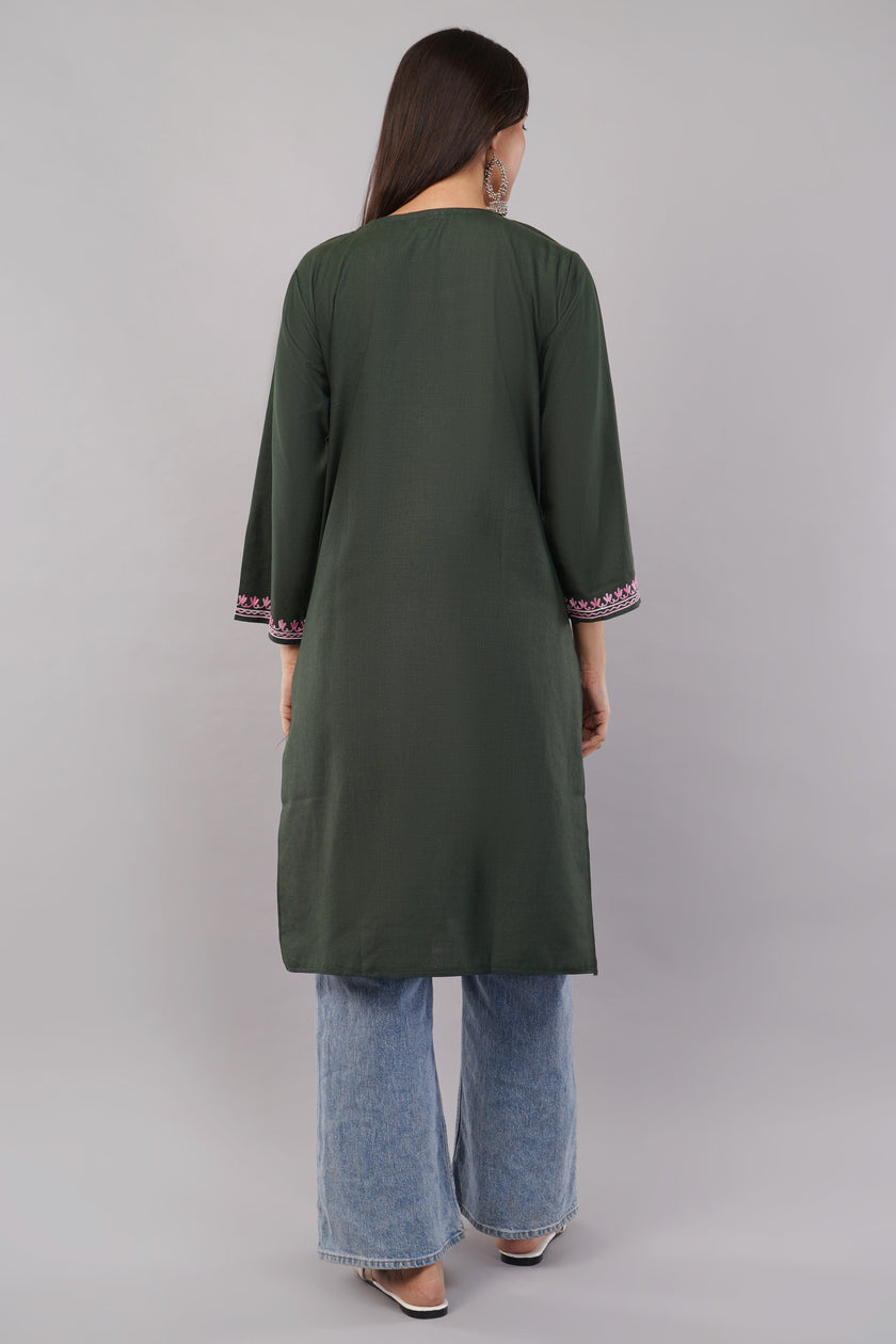 Dark Lunar Green Kashmiri Aari Embroidered Cotton Kurta