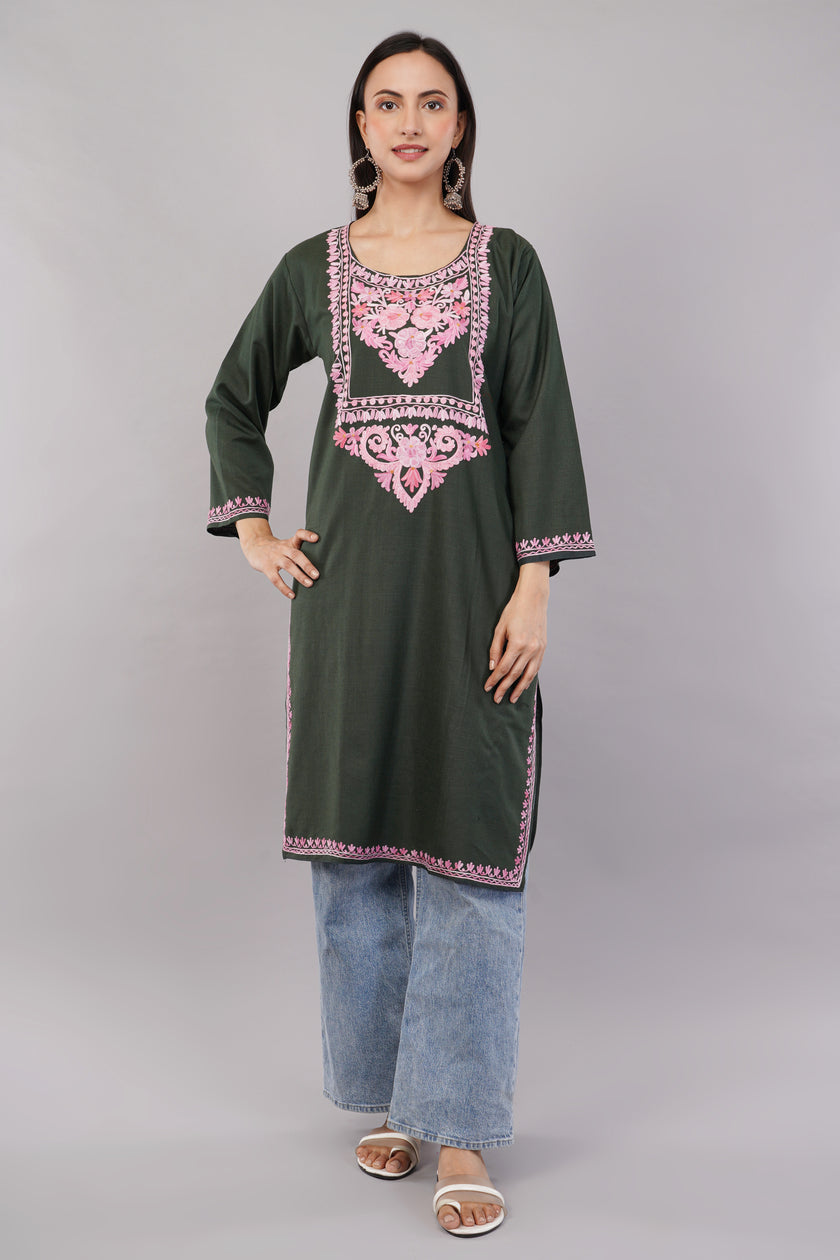 Dark Lunar Green Kashmiri Aari Embroidered Cotton Kurta