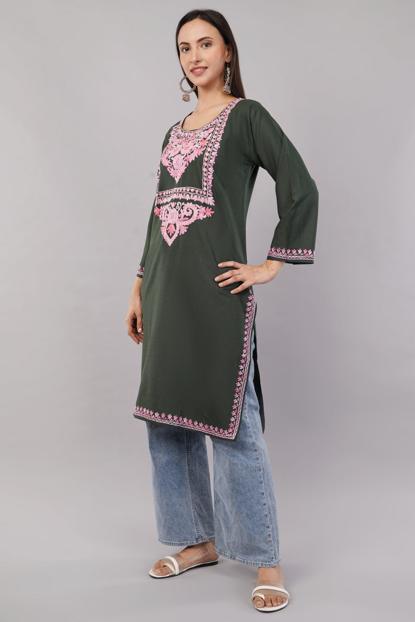 Dark Lunar Green Kashmiri Aari Embroidered Cotton Kurta