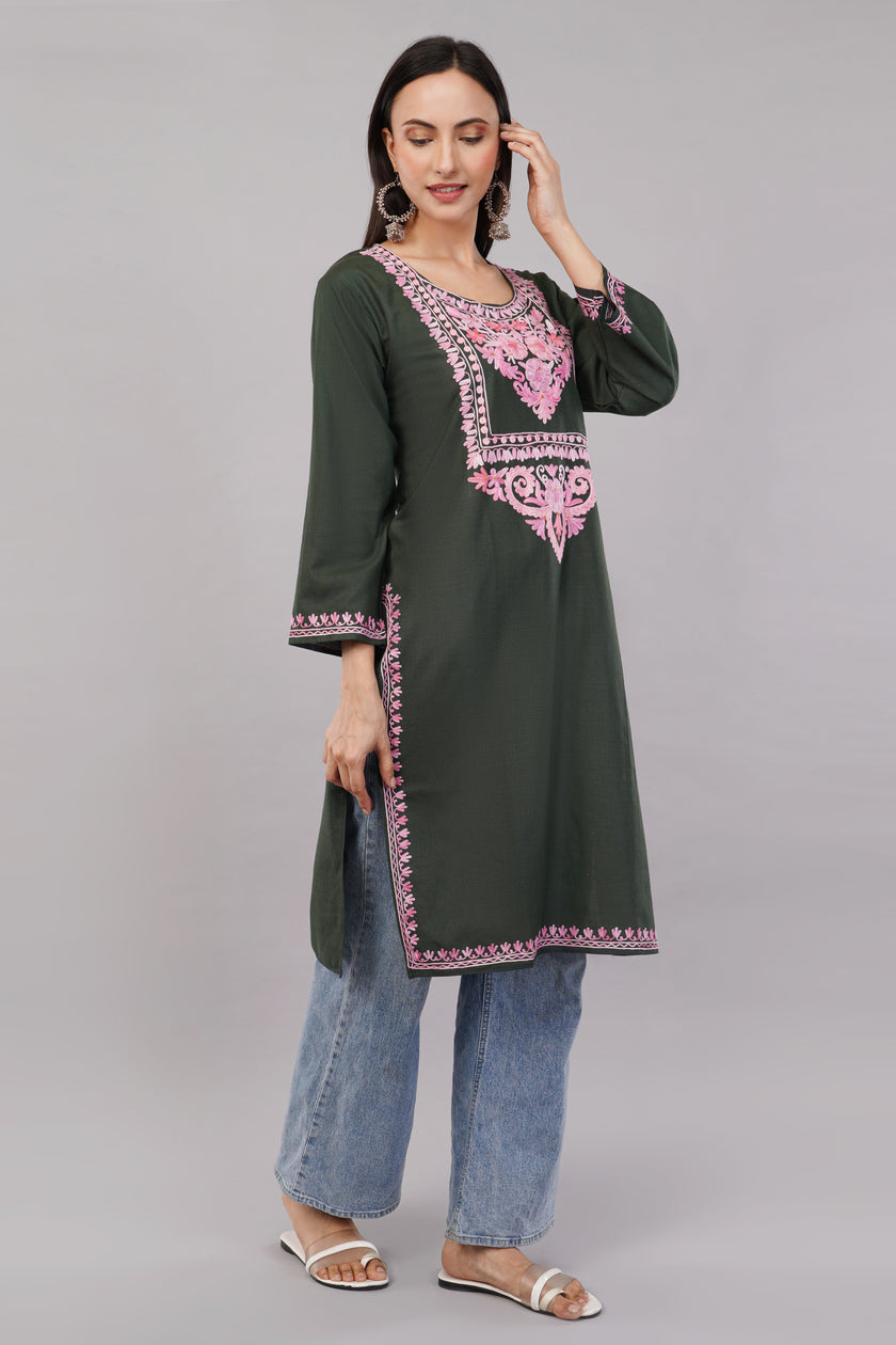 Dark Lunar Green Kashmiri Aari Embroidered Cotton Kurta