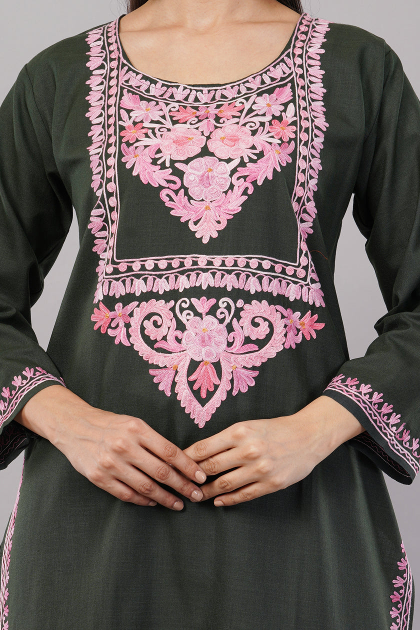 Dark Lunar Green Kashmiri Aari Embroidered Cotton Kurta