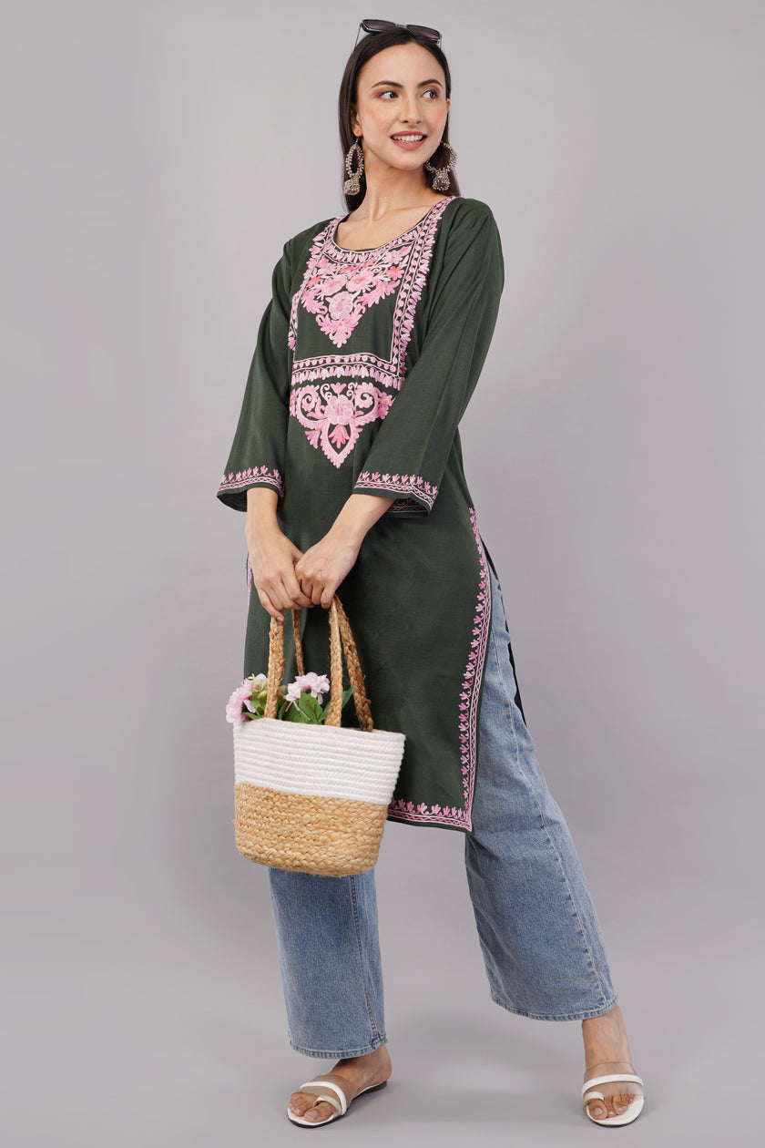 Dark Lunar Green Kashmiri Aari Embroidered Cotton Kurta
