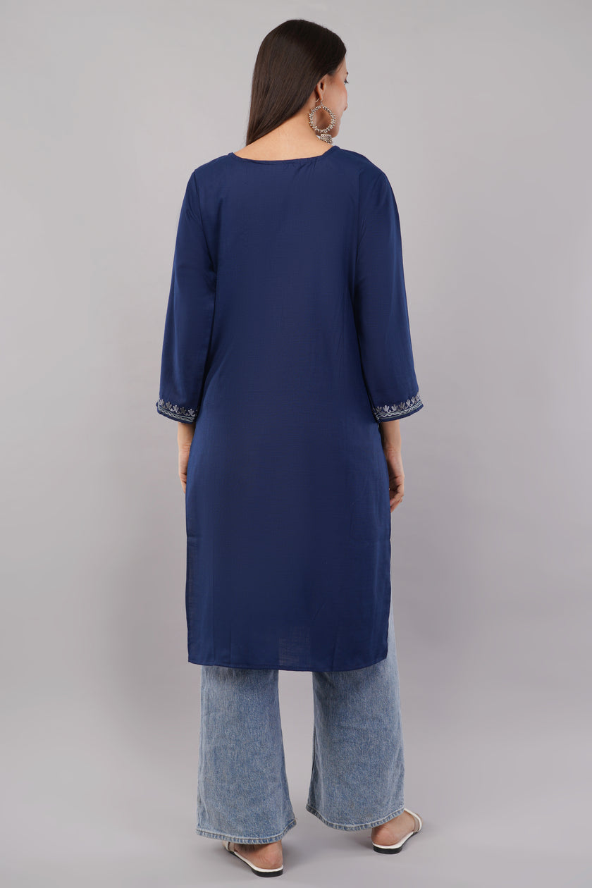 Midnight Blue Ruby Cotton Kurta with Pastel Aari Embroidery