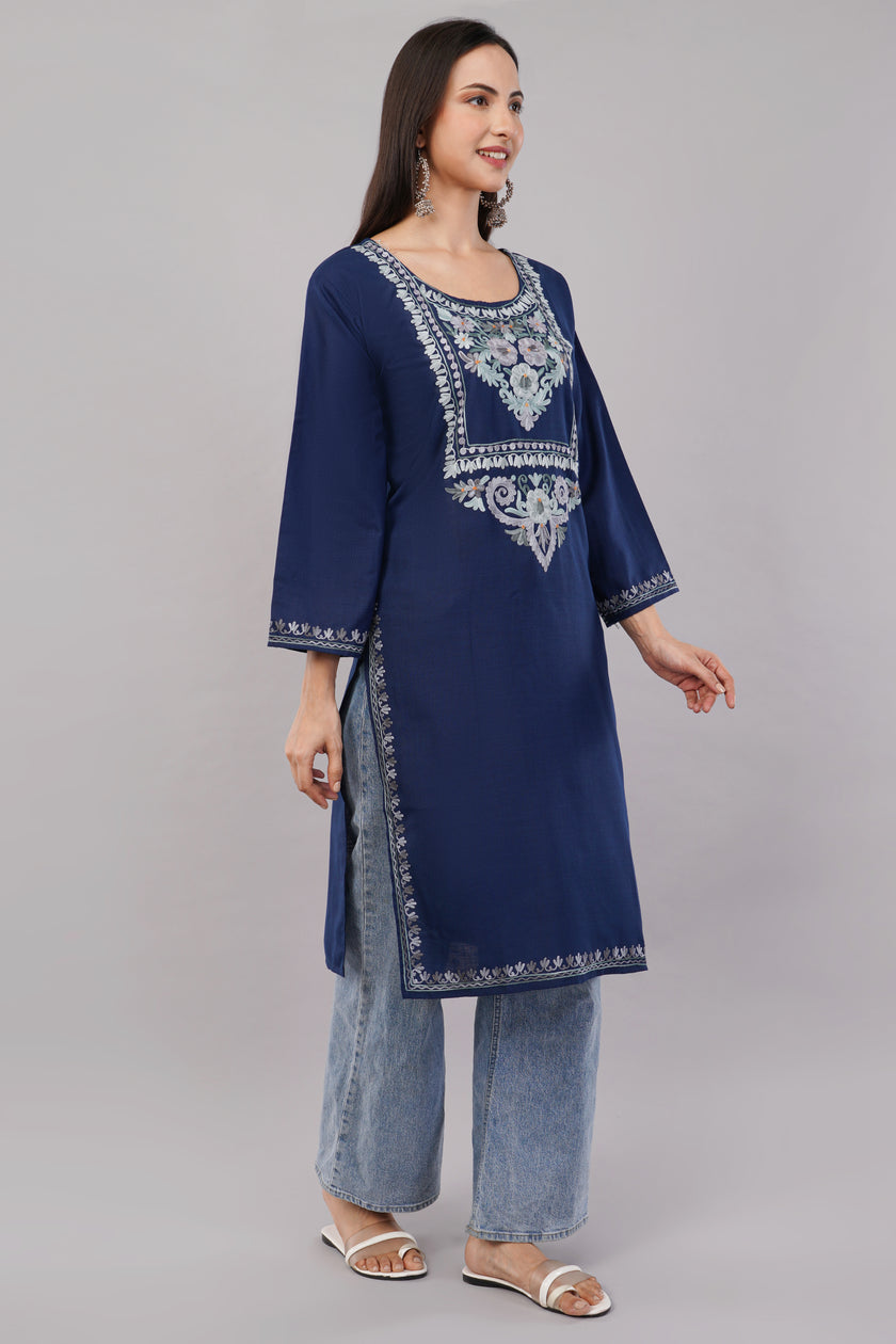 Midnight Blue Ruby Cotton Kurta with Pastel Aari Embroidery