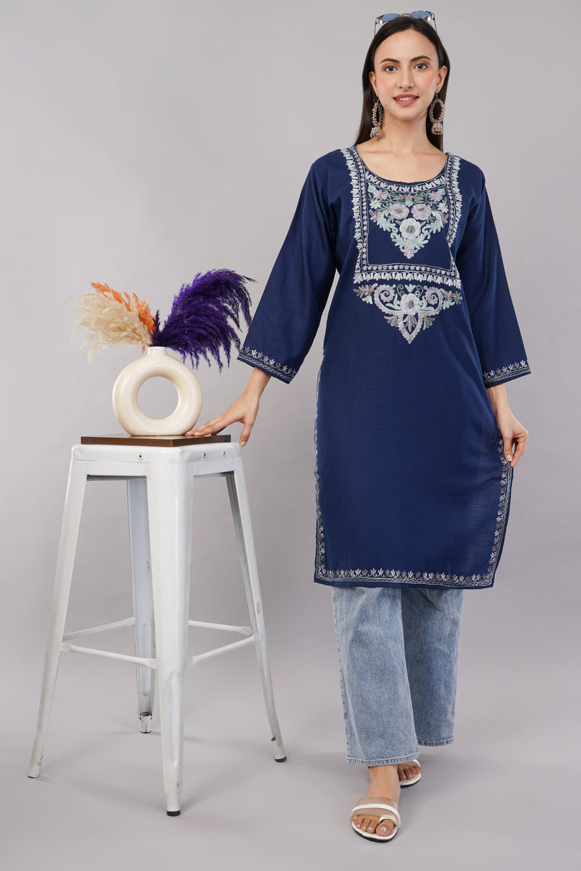 Midnight Blue Ruby Cotton Kurta with Pastel Aari Embroidery
