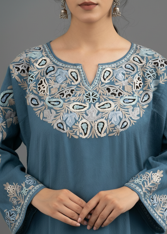 Celestial Teal Kashmiri Wool Pheran with Pastel Aari Embroidery-Zoom