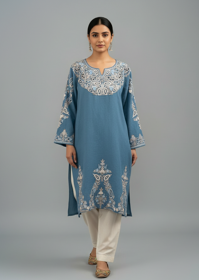 Celestial Teal Kashmiri Wool Pheran with Pastel Aari Embroidery