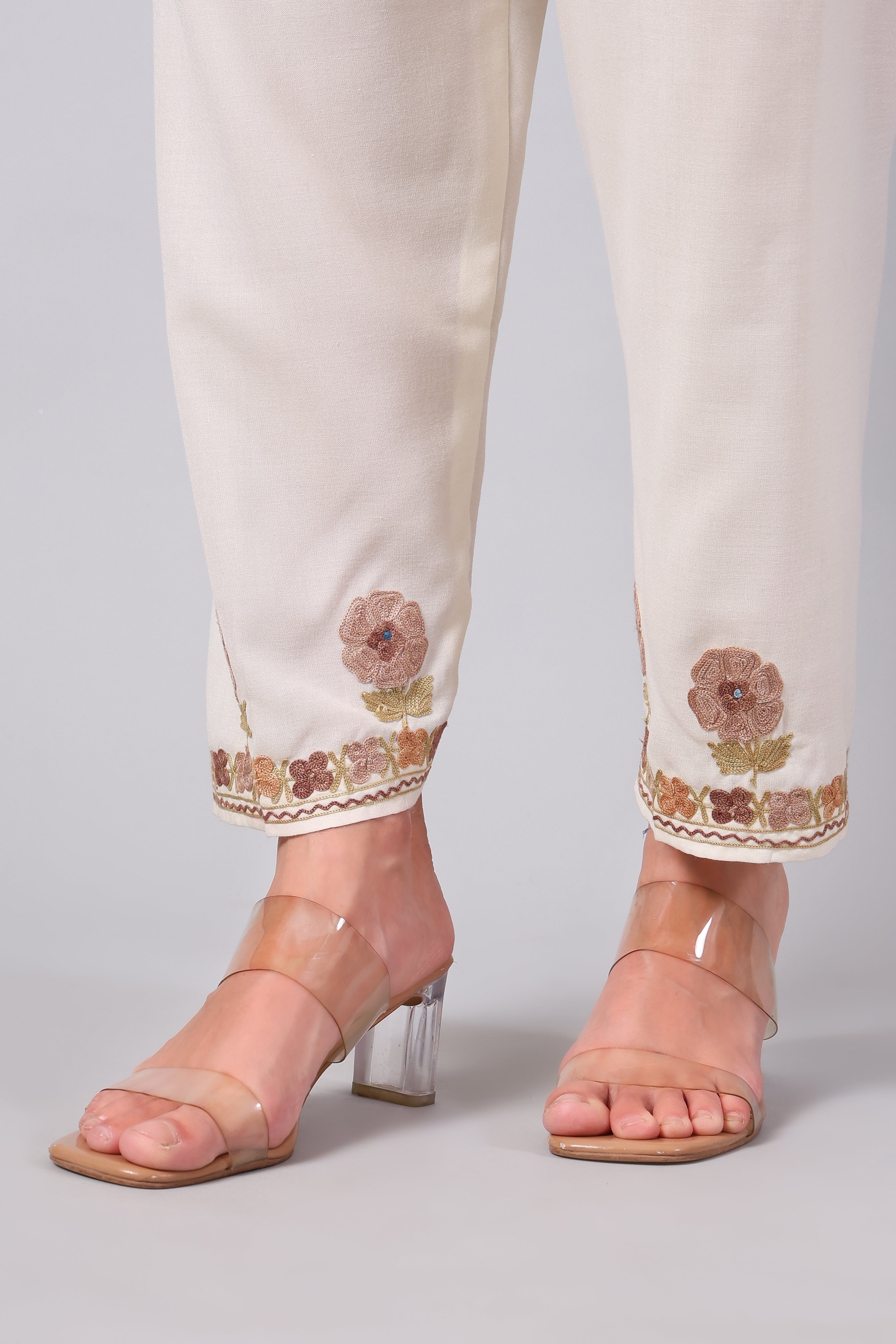 Cream Kashmiri Aari Co-ord Set with Floral Embroidery-Bottom
