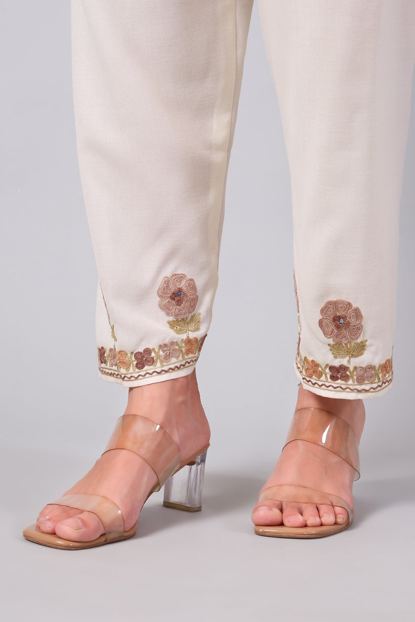 Cream Kashmiri Aari Co-ord Set with Floral Embroidery-Bottom