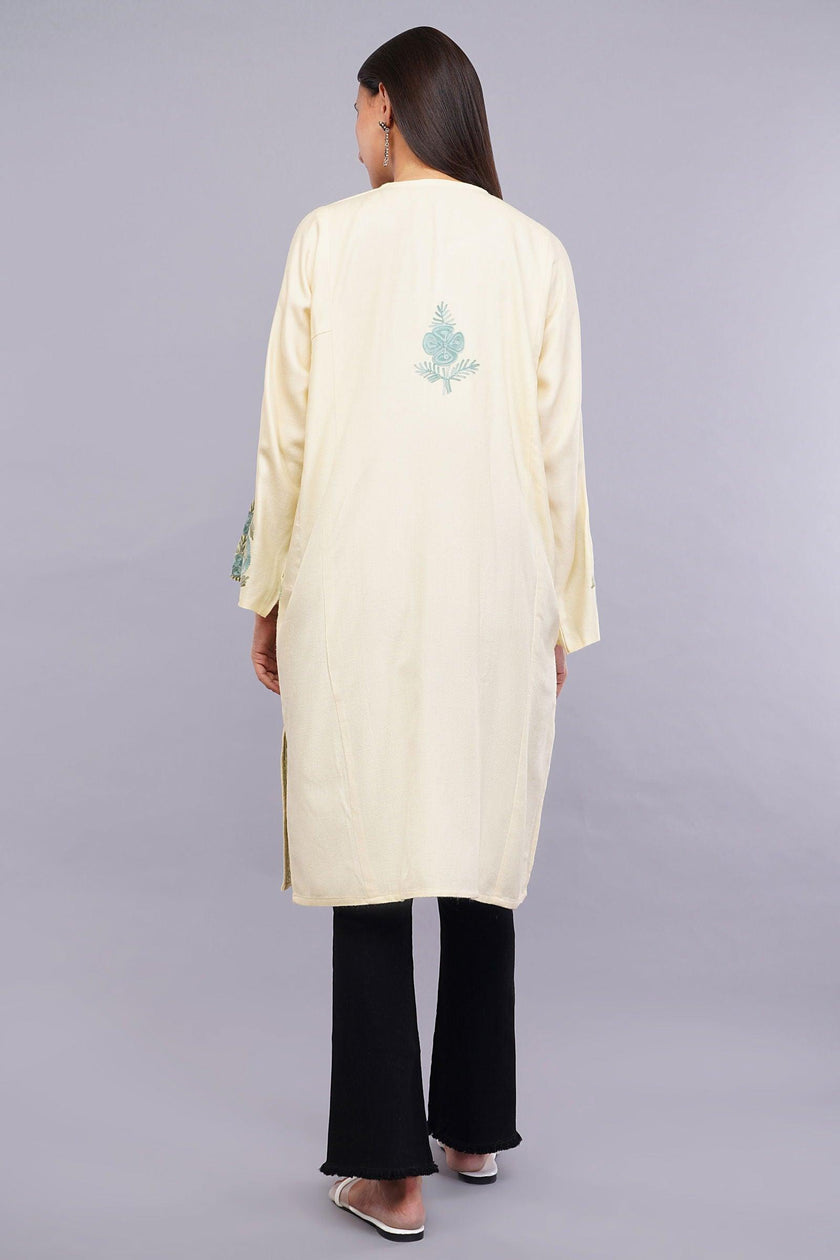 Double Spanish White Pheran with Thistle Green & Jet Stream Aari Embroidery - Kashmiri Pheran