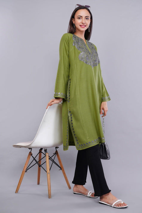 Elegant Green Cashmilon Pheran with Kashmiri Zari Embroidery - Kashmiri Pheran