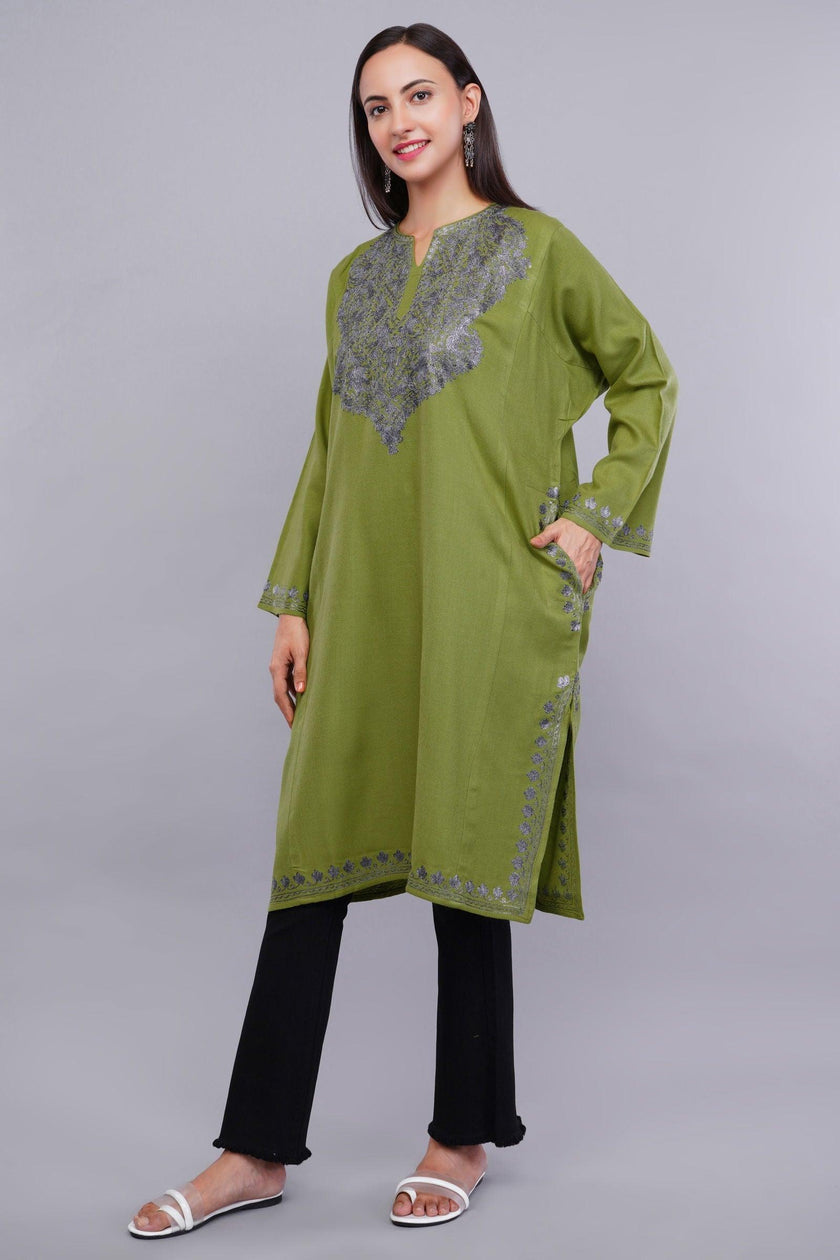 Elegant Green Cashmilon Pheran with Kashmiri Zari Embroidery - Kashmiri Pheran