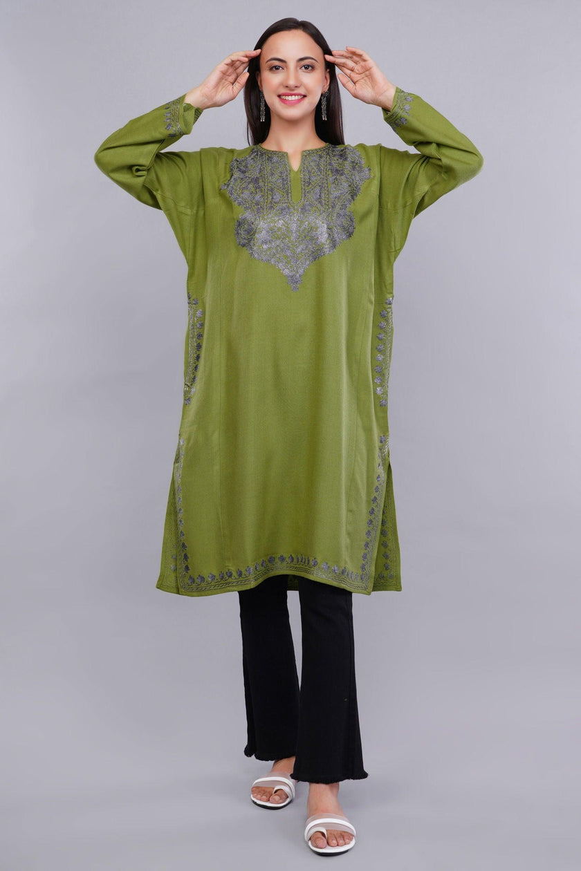 Elegant Green Cashmilon Pheran with Kashmiri Zari Embroidery - Kashmiri Pheran