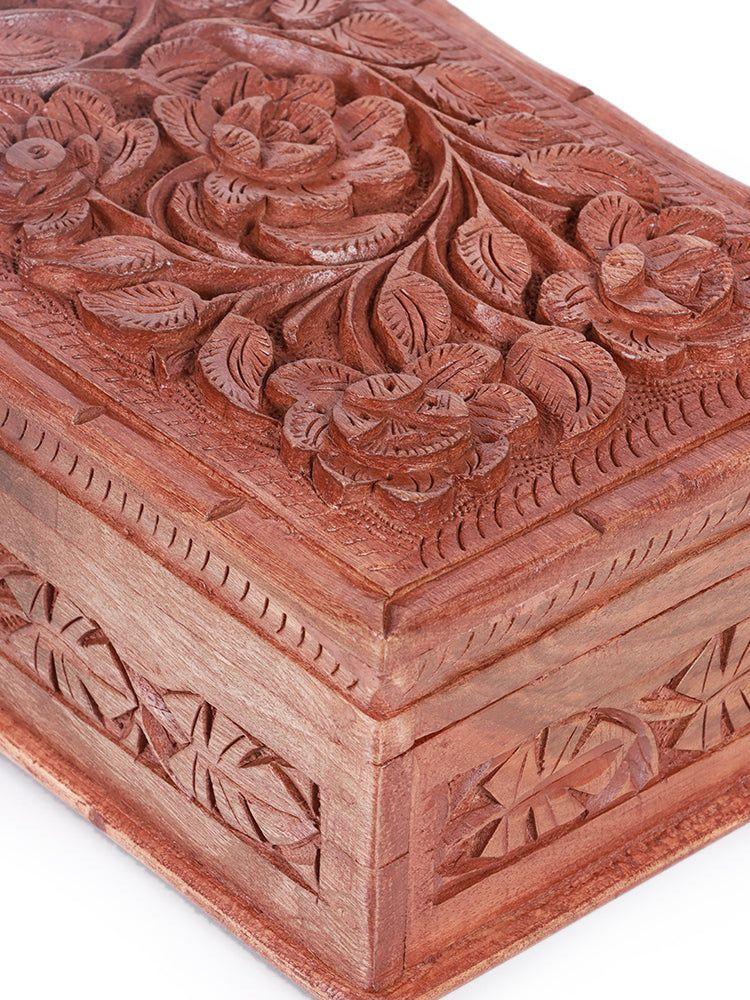 Elegant Handcrafted Walnut Wood Box with Chinar and Floral Carvings - Hamiast