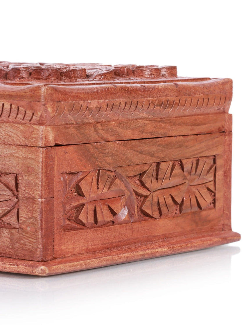 Elegant Handcrafted Walnut Wood Box with Chinar and Floral Carvings - Hamiast