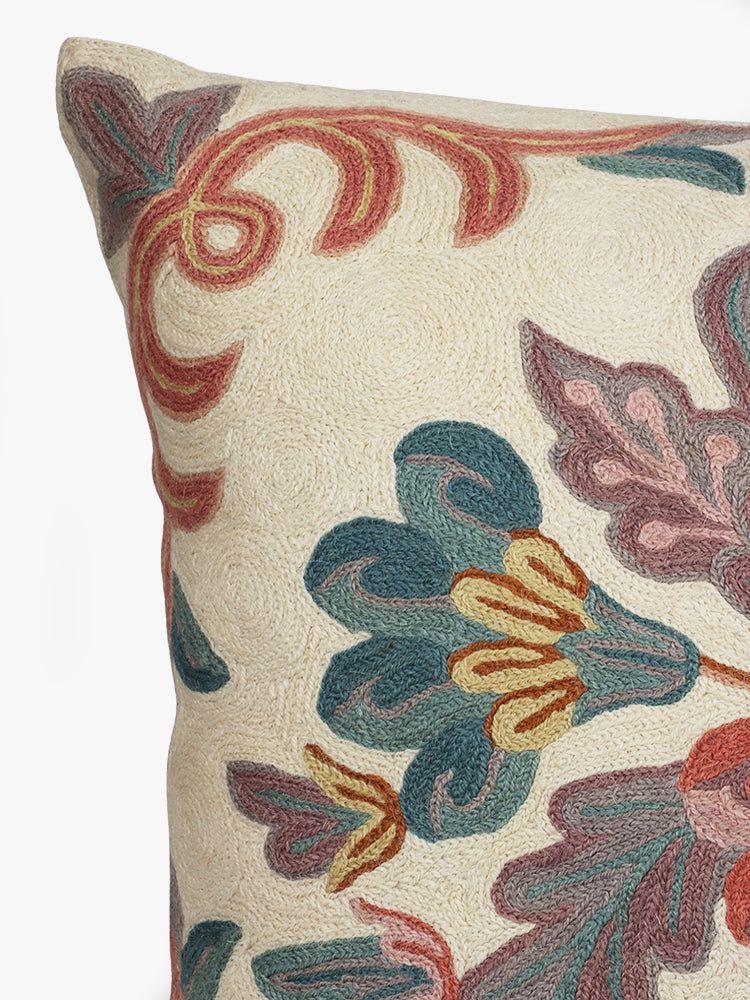 Elegant Kashmiri Crewel Embroidery Serenity Cushion Cover in Soothing Sage - Hamiast