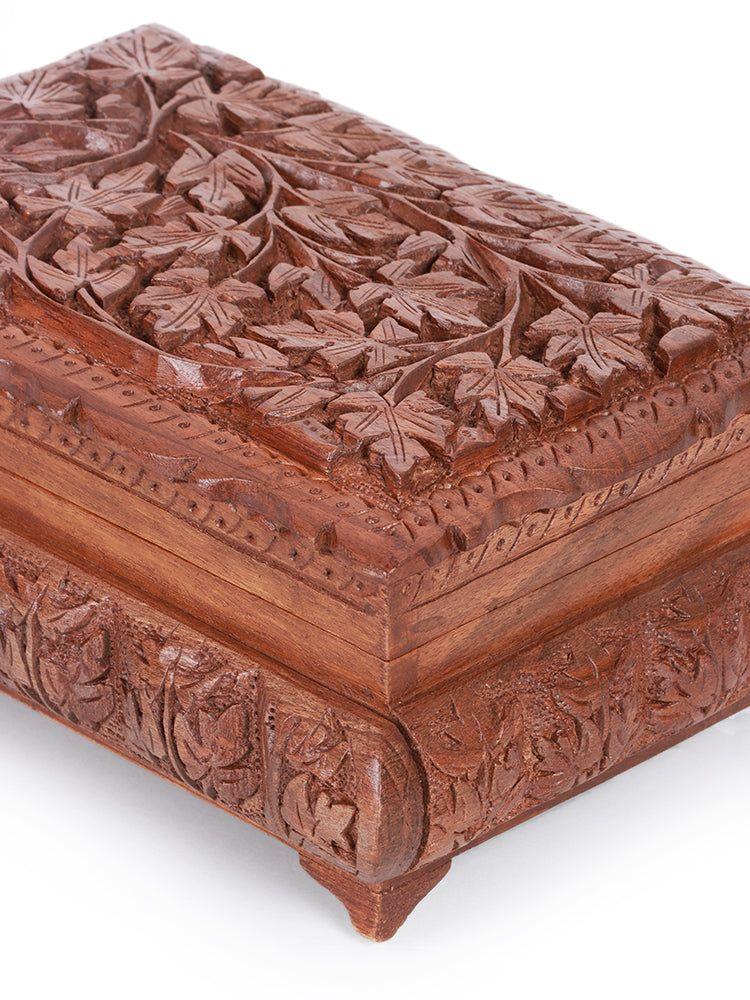 Exquisite Hand-Carved Walnut Wood Jewelry Box with Chinar Engraving - Hamiast