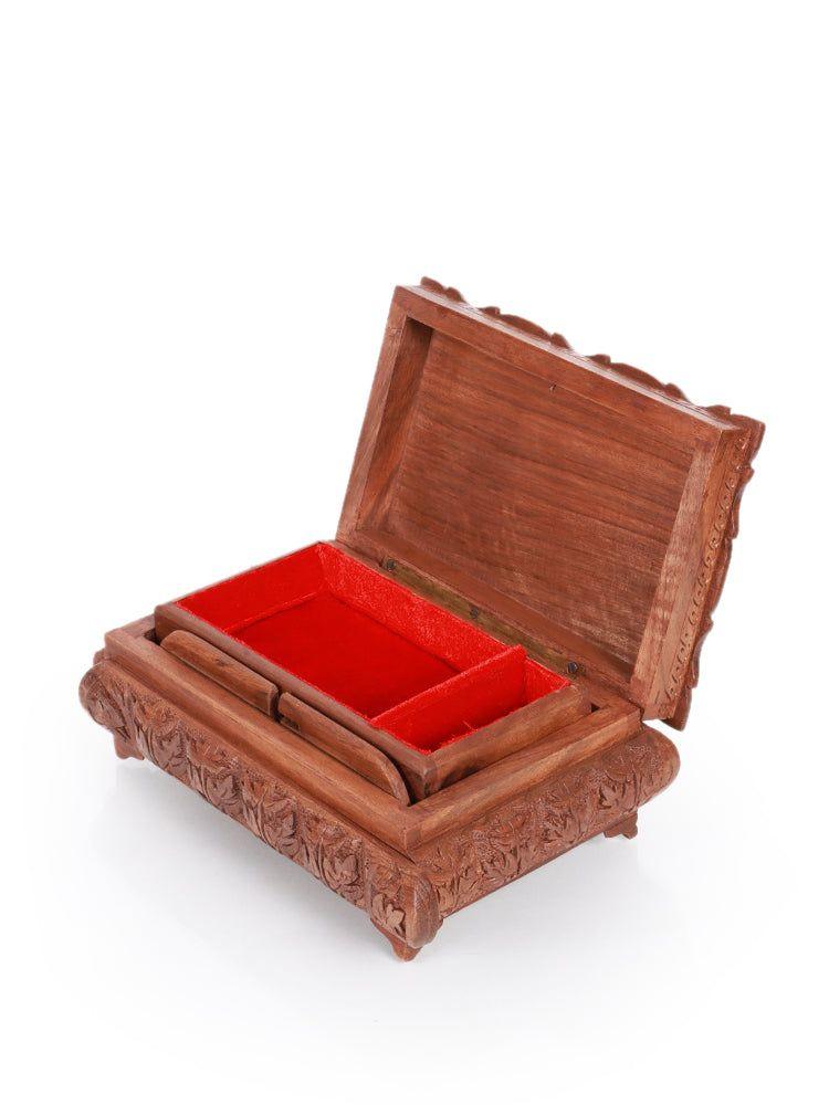 Exquisite Hand-Carved Walnut Wood Jewelry Box with Chinar Engraving - Hamiast