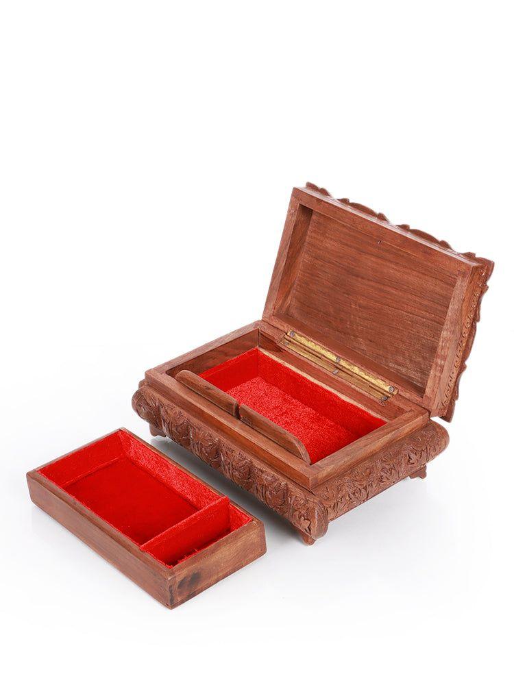 Exquisite Hand-Carved Walnut Wood Jewelry Box with Chinar Engraving - Hamiast