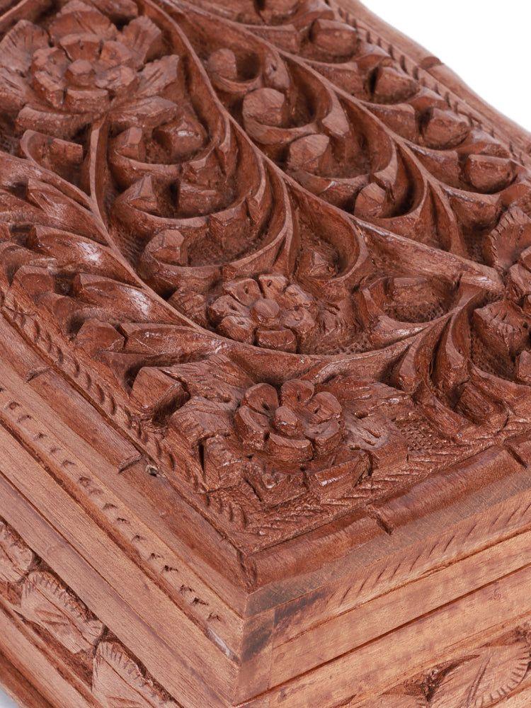 Floral Engraved Walnut Wood Jewelry Box with Compartments - Hamiast