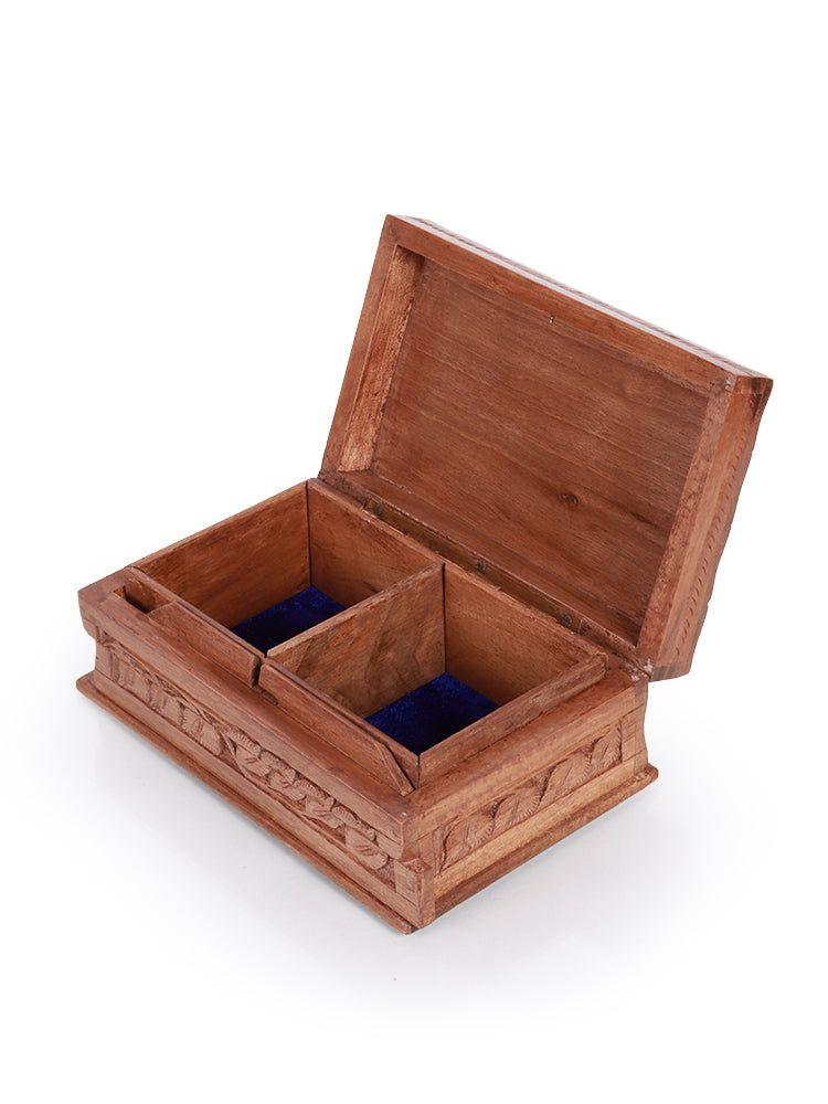 Floral Engraved Walnut Wood Jewelry Box with Compartments - Hamiast