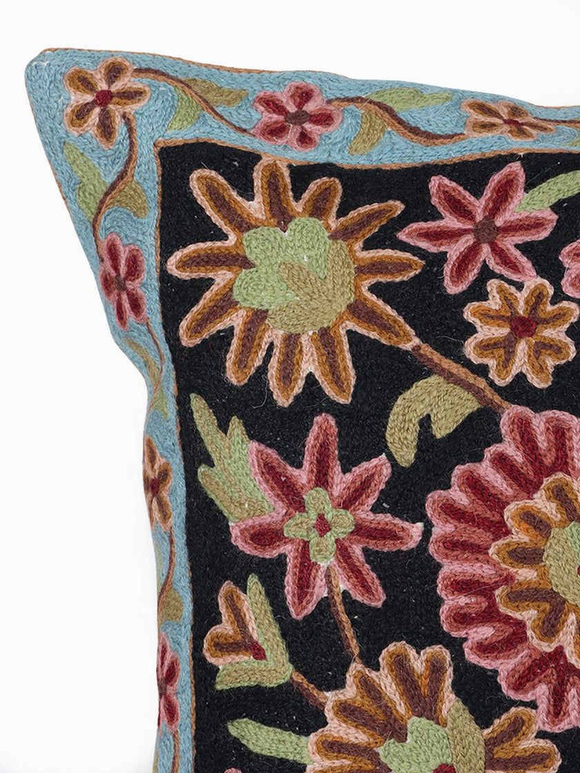 Floral Fantasia Handcrafted  Kashmiri Chain Stitch Embroidered Cushion Cover - Hamiast