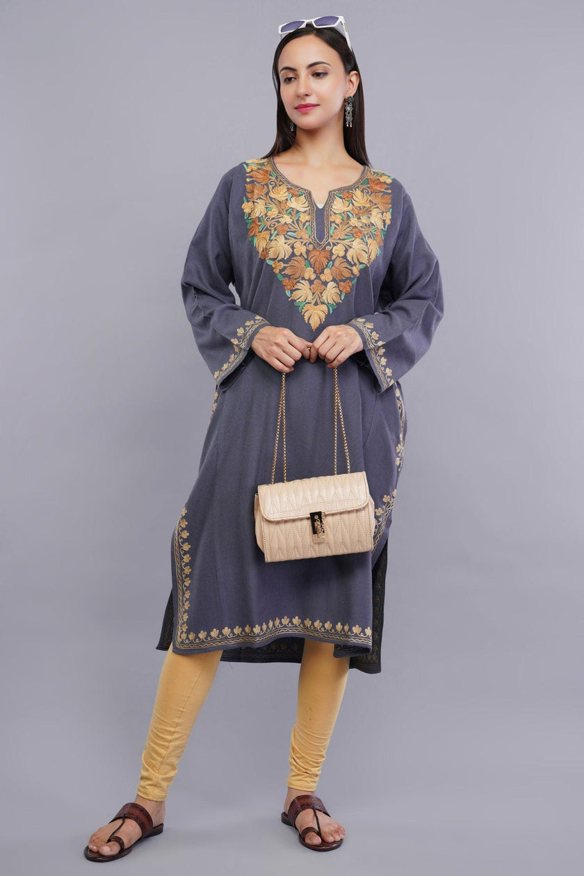 Grey Aari Embroidered Fine Cashmilon Pheran - Kashmiri Pheran