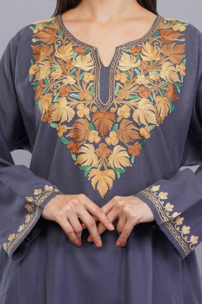 Grey Aari Embroidered Fine Cashmilon Pheran - Kashmiri Pheran