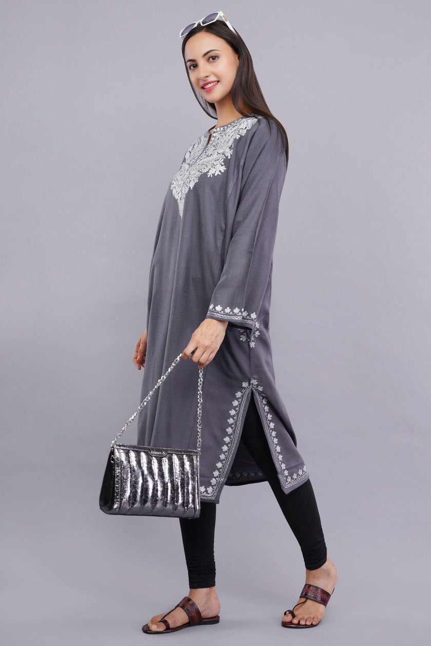 Grey Zari Embroidered Fine Cashmilon Pheran - Kashmiri Pheran