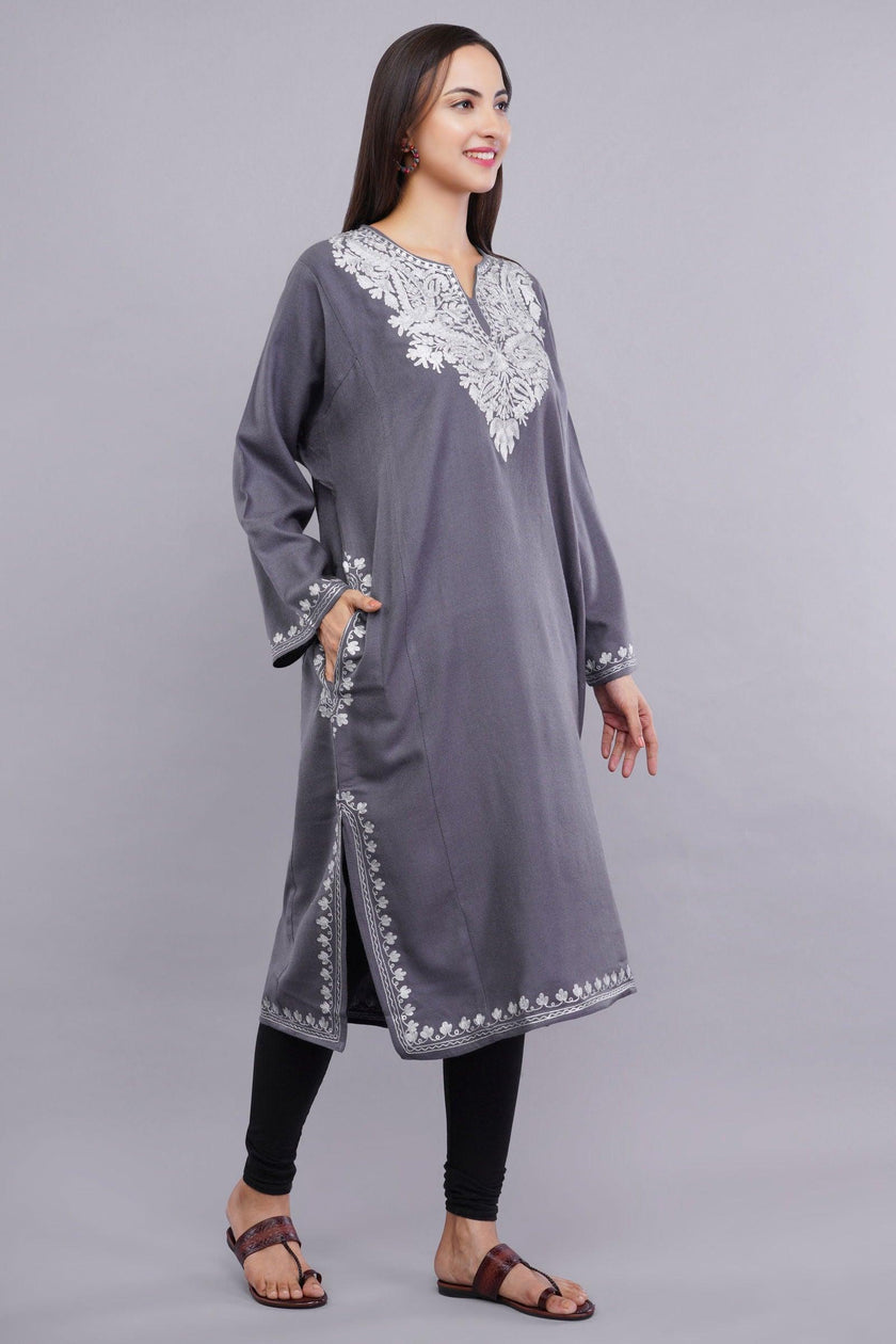 Grey Zari Embroidered Fine Cashmilon Pheran - Kashmiri Pheran