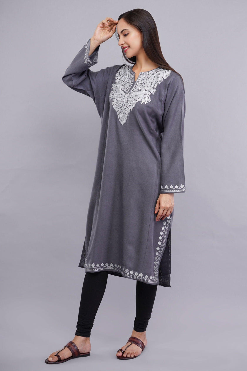 Grey Zari Embroidered Fine Cashmilon Pheran - Kashmiri Pheran