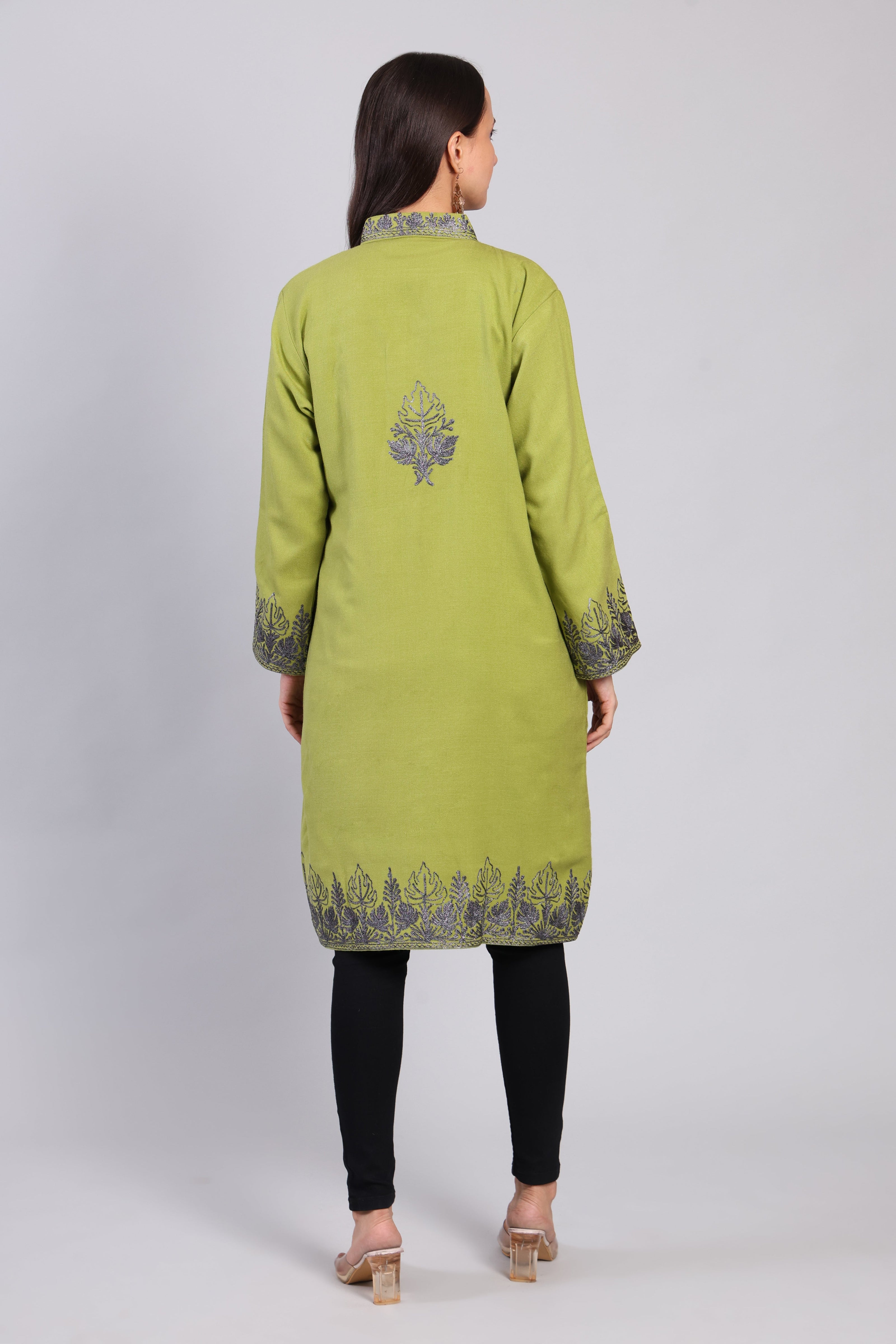 Gul-e-Chinar Olive Green Kashmiri Wool Jacket with Zari Embroidery-Back