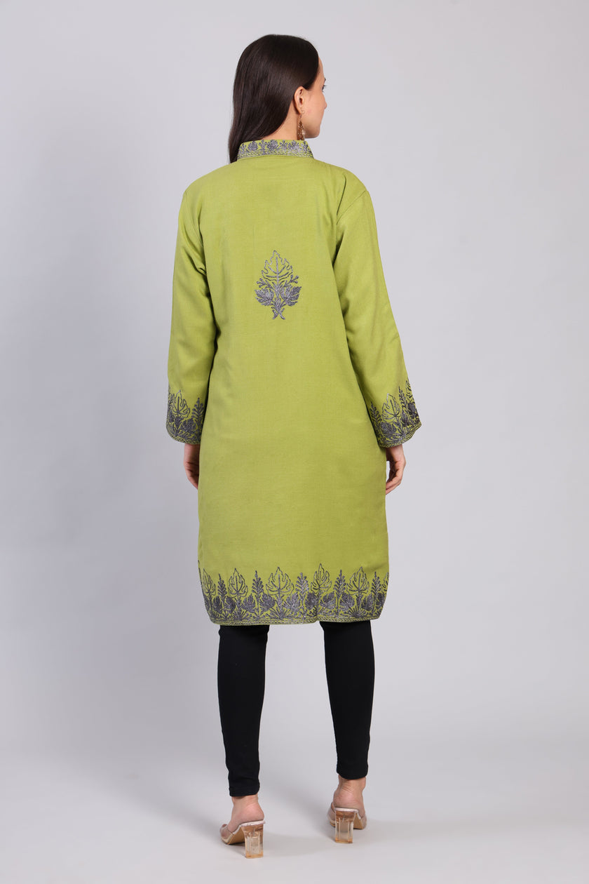Gul-e-Chinar Olive Green Kashmiri Wool Jacket with Zari Embroidery-Back