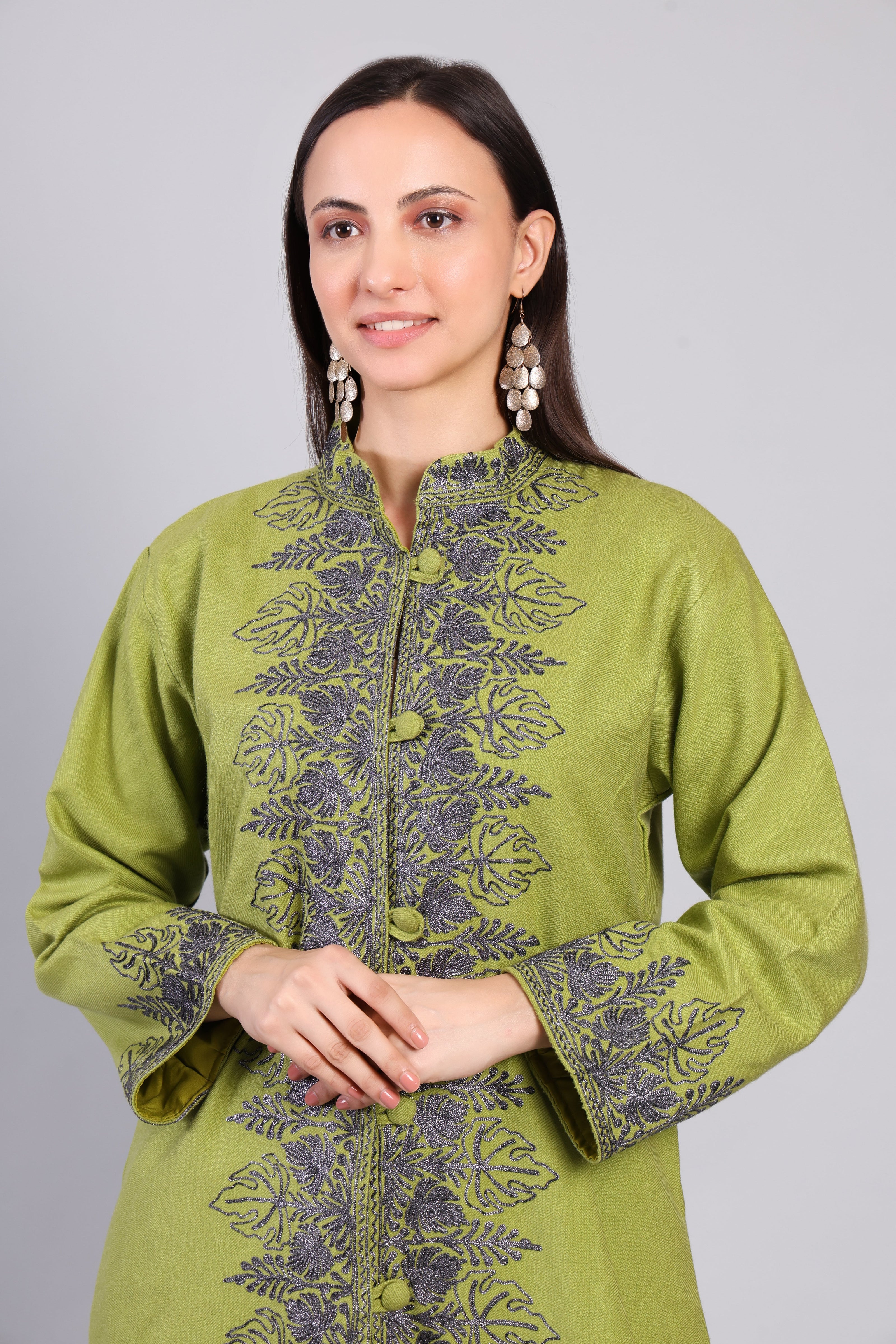 Gul-e-Chinar Olive Green Kashmiri Wool Jacket with Zari Embroidery-Zoom
